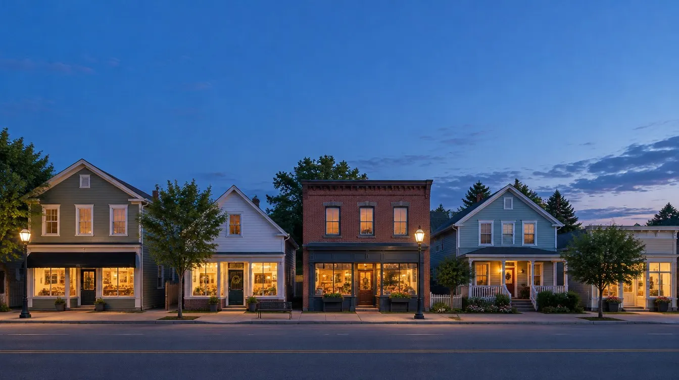 A street of small local businesses and homes at dusk