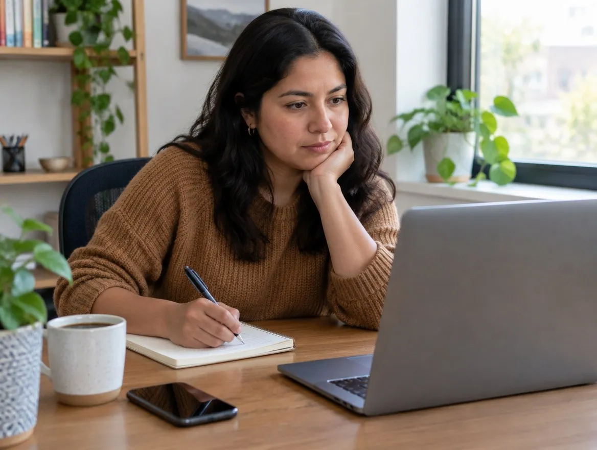 A woman at a desk looking at a laptop and taking notes