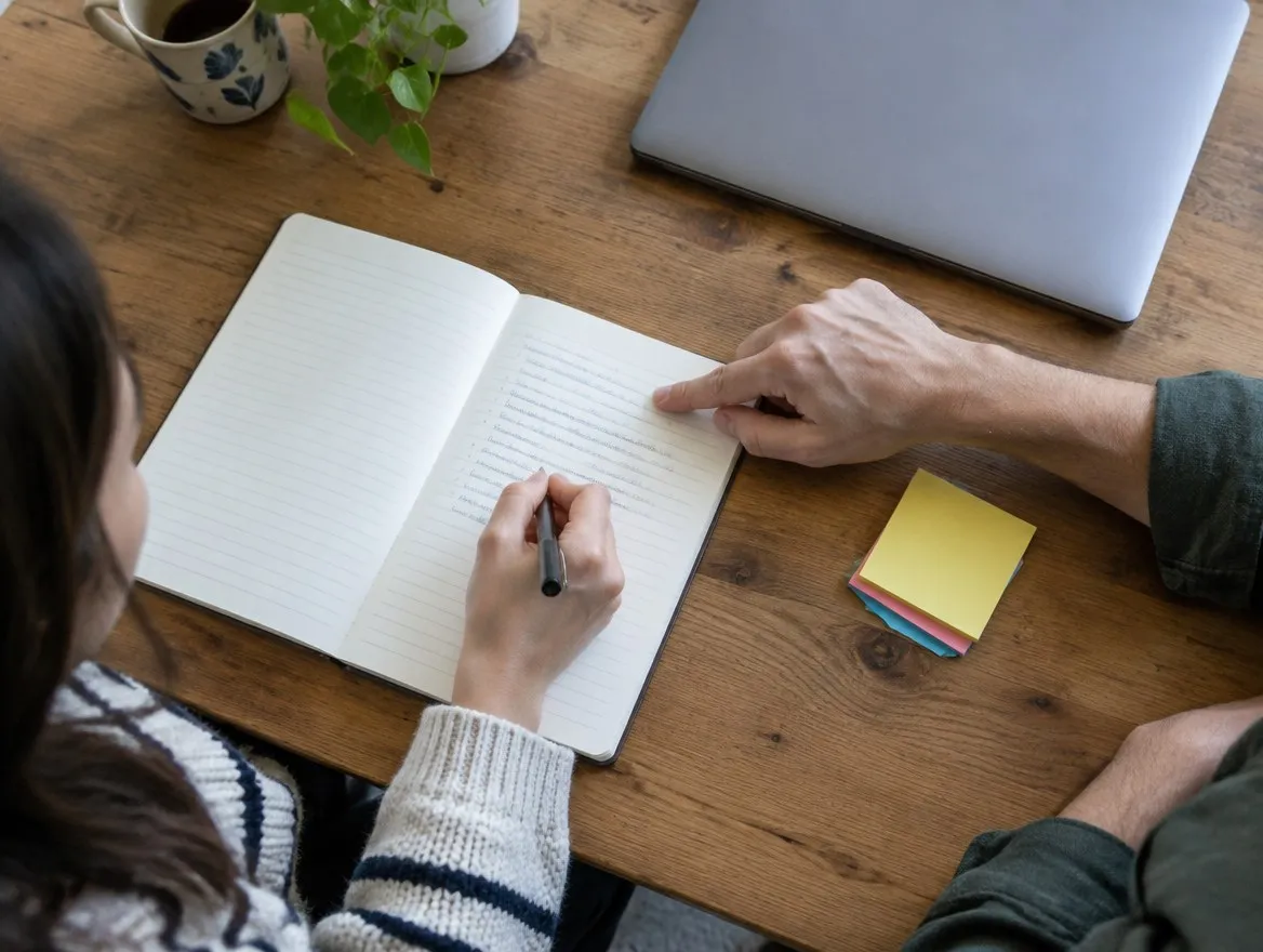 Two people writing lines in a notebook on a wooden desk