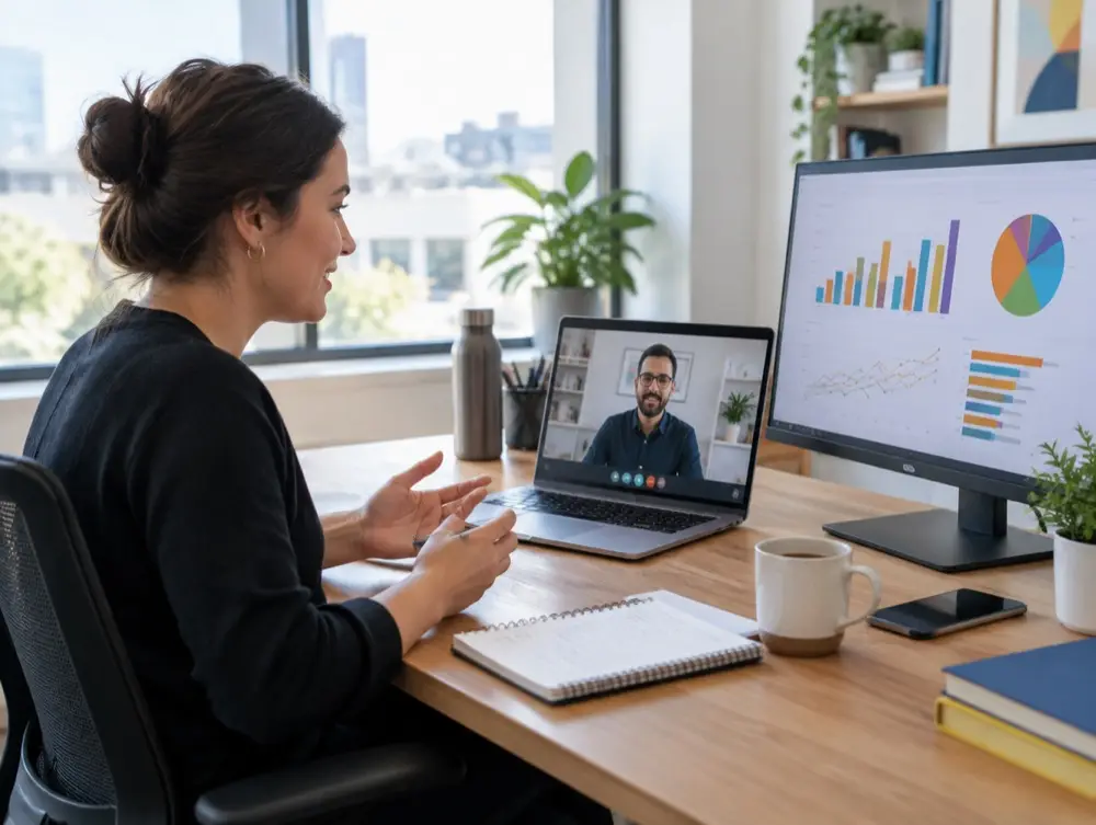 An agency account manager on a video call with a local business owner, with charts on a second screen