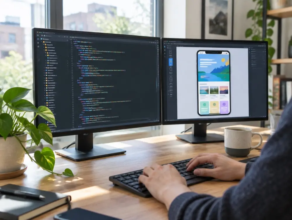 A developer at a desk with code on one screen and a website on a phone preview on the other
