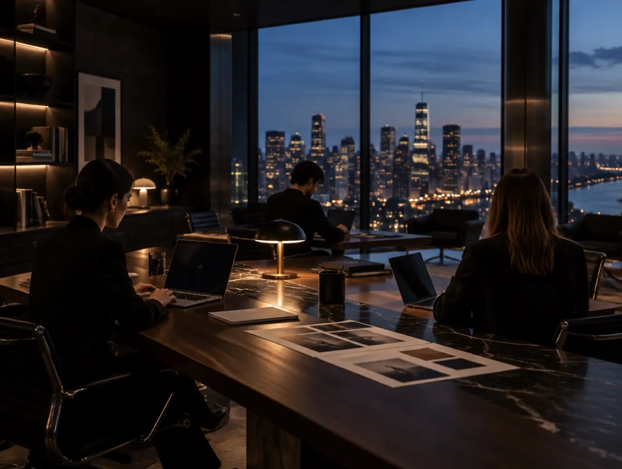 A marketing agency team works at dusk in a dark studio, at a long black marble table with laptops and printed layouts, the lit city skyline behind the windows