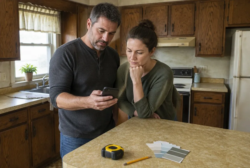 A couple in a dated kitchen looking at a phone, a tape measure on the counter