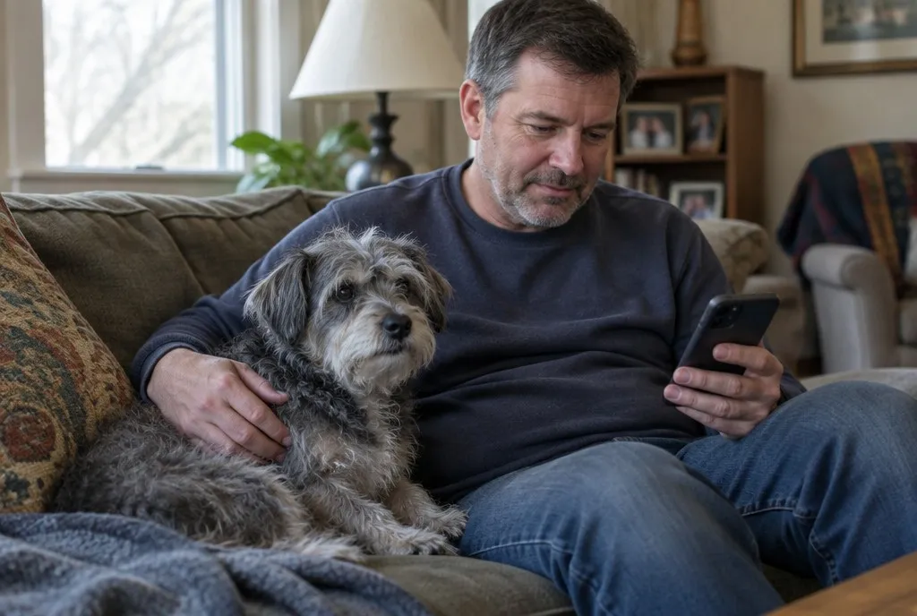 A man on the couch with his old dog, looking at his phone