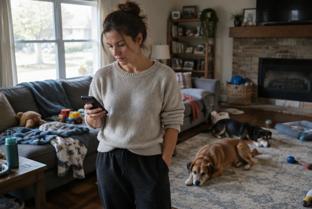 A woman in her living room, with her two dogs, looking at her phone