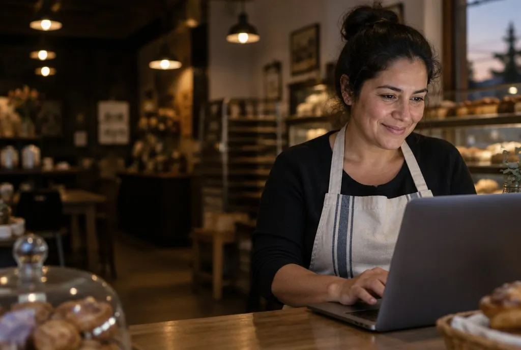 The owner of a bakery looks at her business website on a laptop