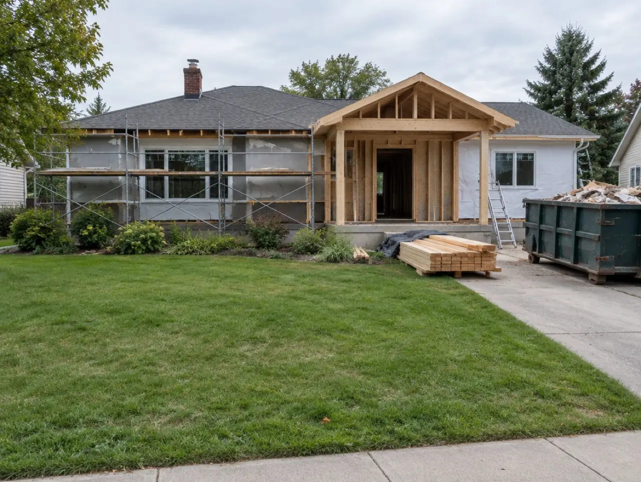 A one-story house in the middle of a remodel: new wood framing for the front porch, scaffolding on the front wall, stacked lumber and a dumpster in the driveway