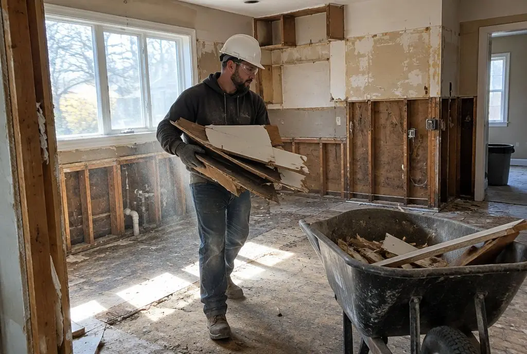 A worker in a hard hat carries debris to a wheelbarrow in a kitchen stripped to the studs