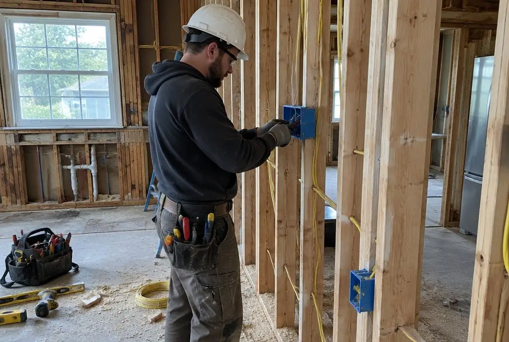 An electrician in a hard hat installs outlet boxes between the studs