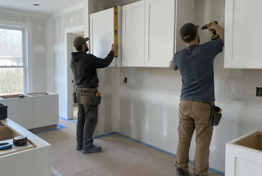 Two carpenters hang white wall cabinets with a level and a drill
