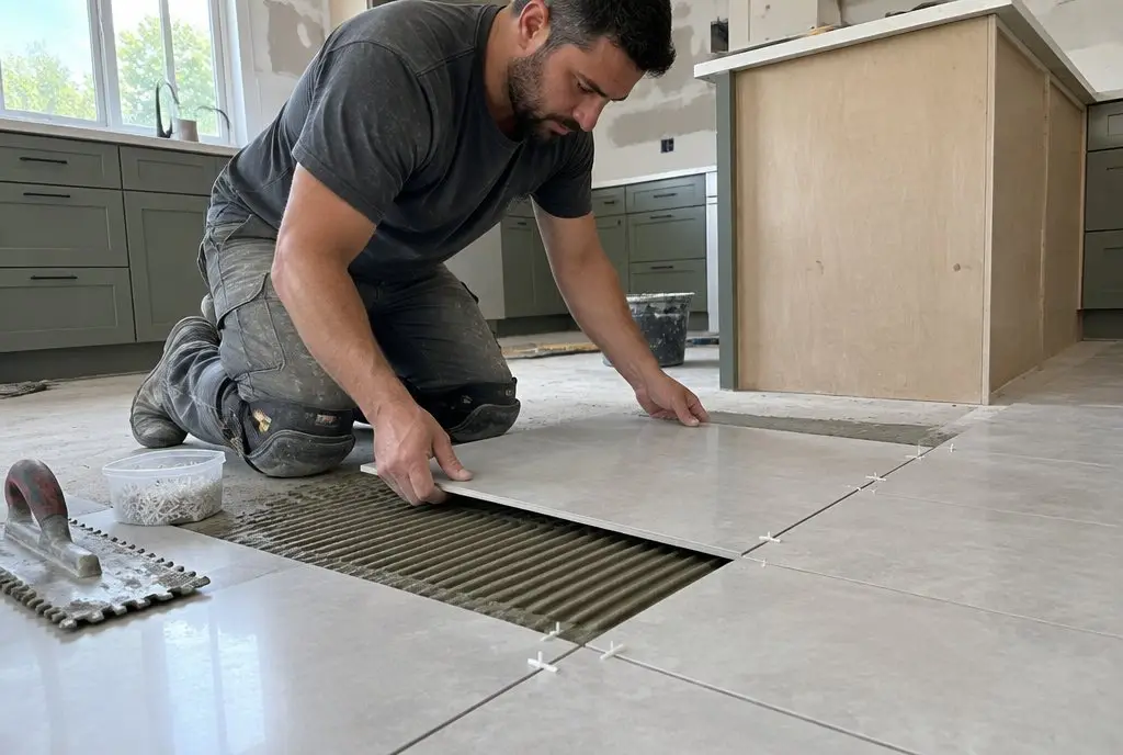 A tile setter on his knees lays large grey floor tiles