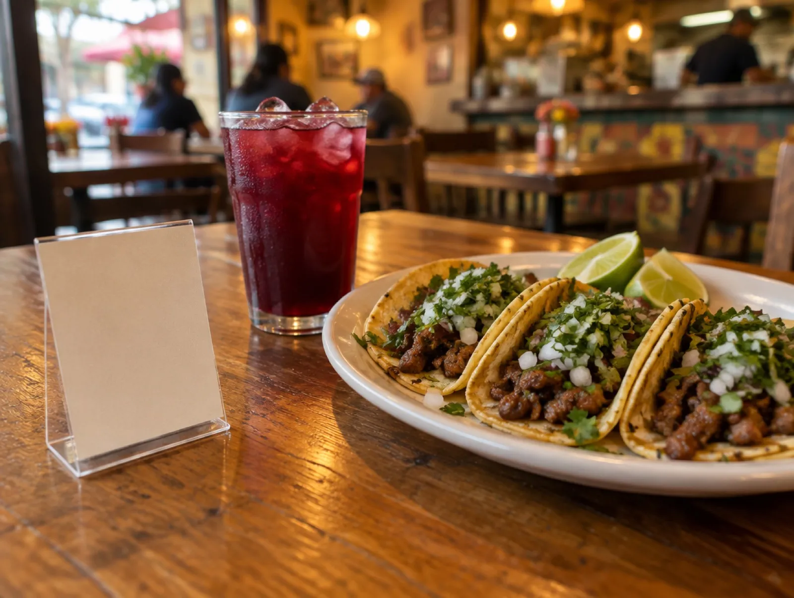 A small stand with a card on a restaurant table next to a plate of tacos