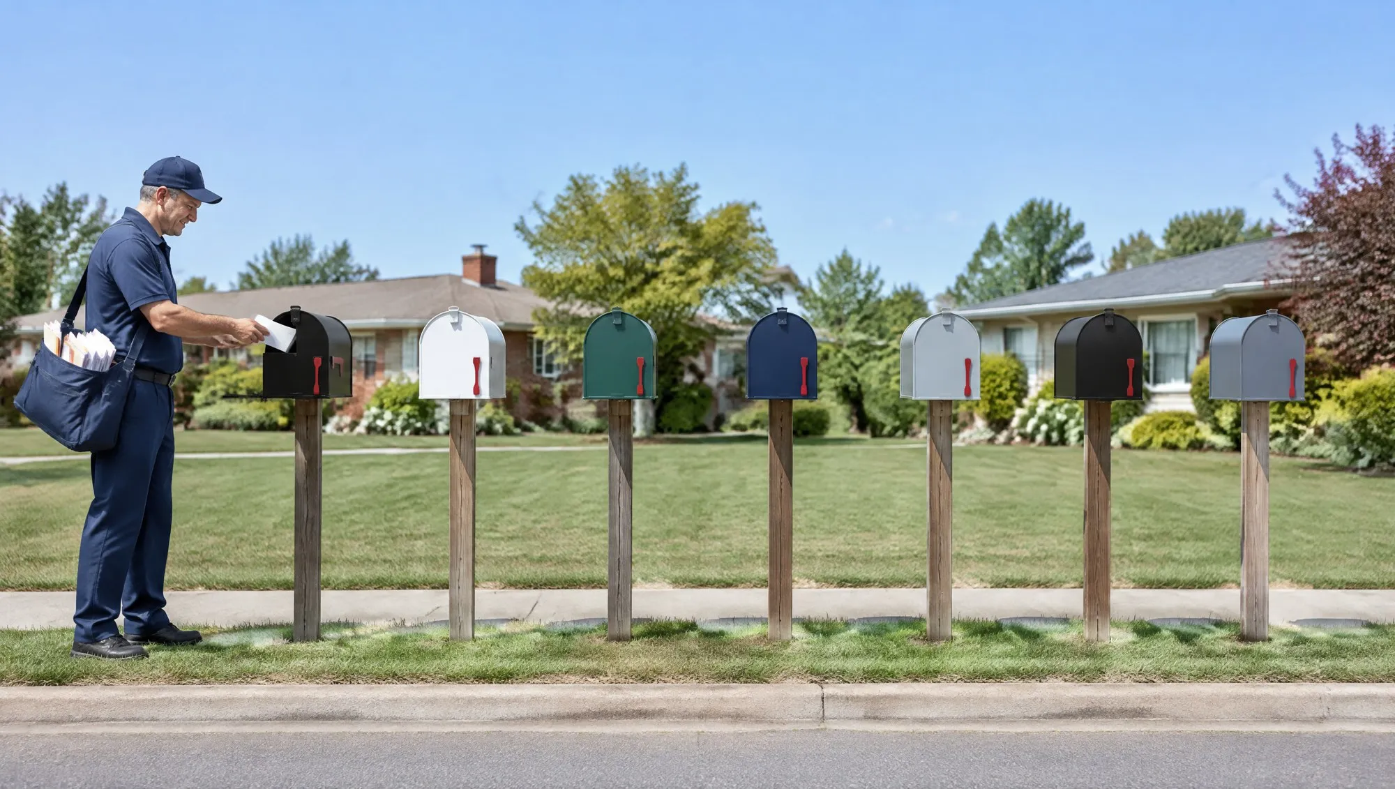 A mail carrier leaves mail in a row of mailboxes