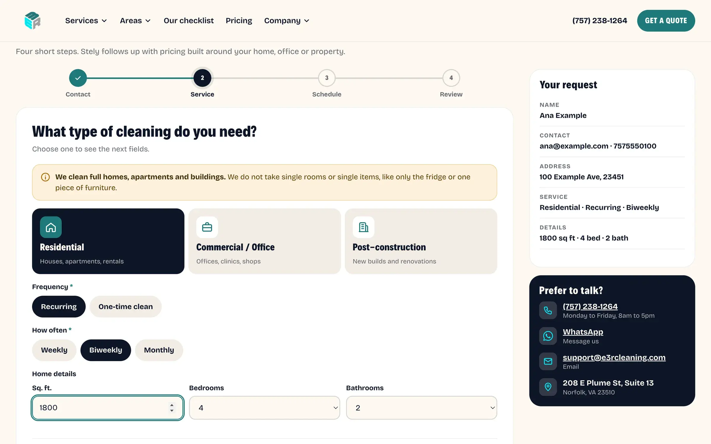 Step 2 of its form: type of cleaning, how often and the size of the home. Sample details.