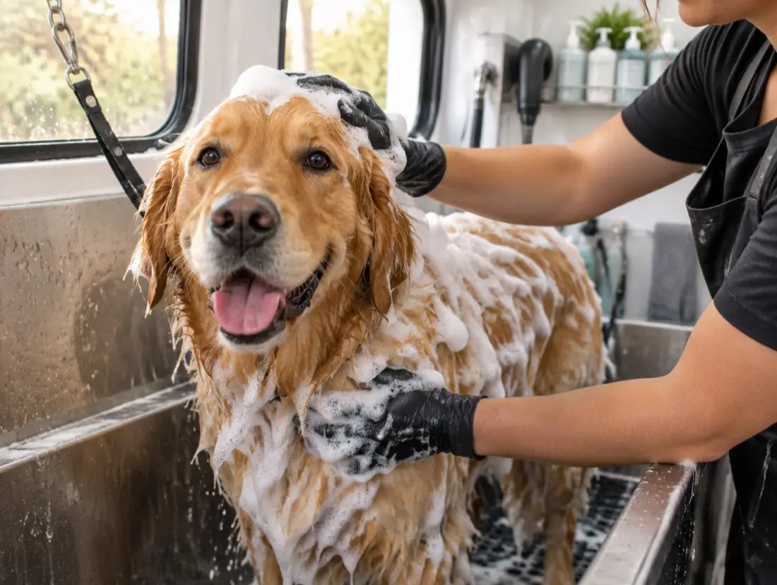 A golden retriever covered in foam in the tub of a grooming van, with the groomer’s gloved hands