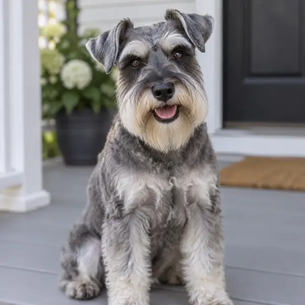A grey miniature schnauzer sitting on a porch