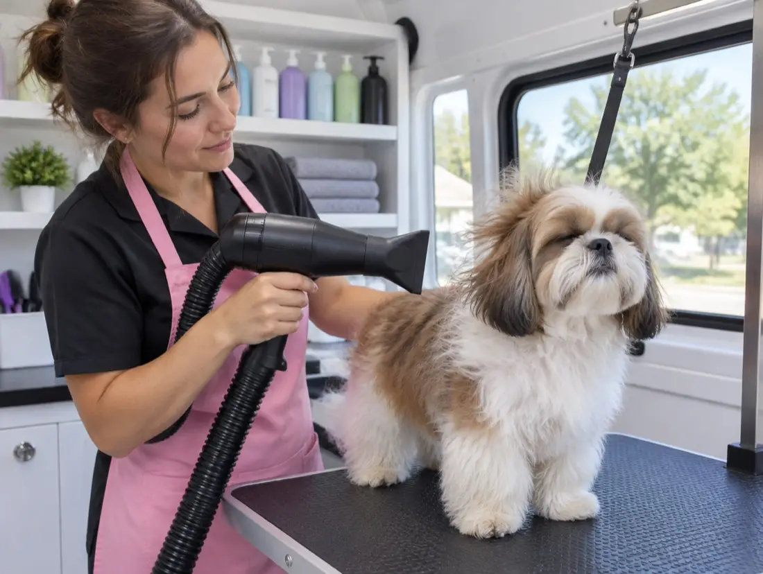 A groomer in a pink apron blow-dries a small shih tzu on the table inside the van
