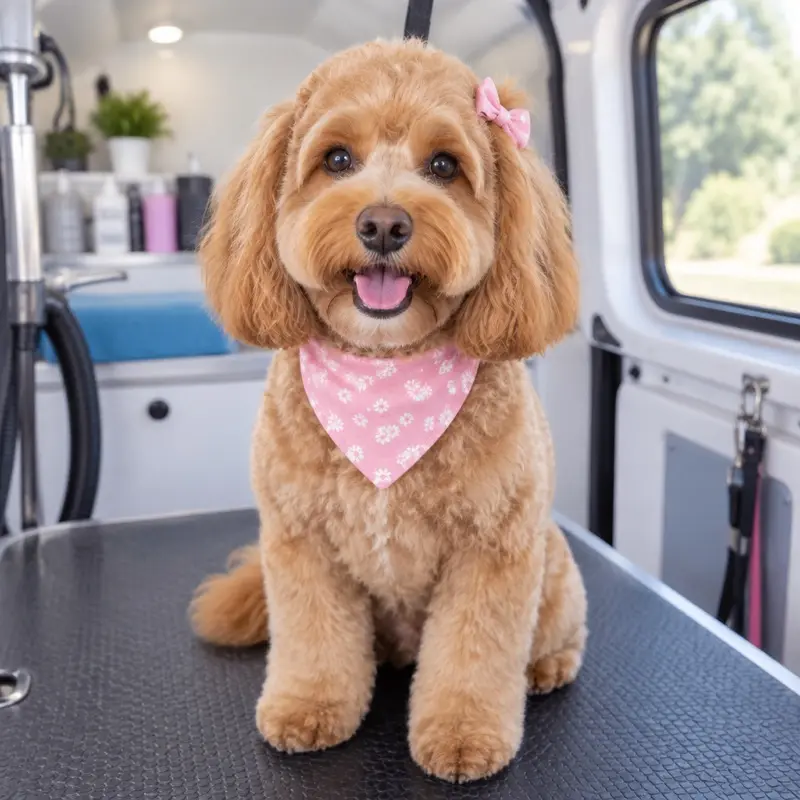 An apricot cockapoo, just groomed, with a pink bandana and a bow on one ear