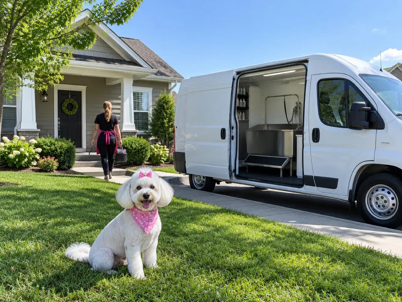 A white grooming van parked in front of a house with its side door open and the tub inside; on the lawn a small white dog, just groomed, sits with a pink bow and a pink bandana while the groomer walks to the door