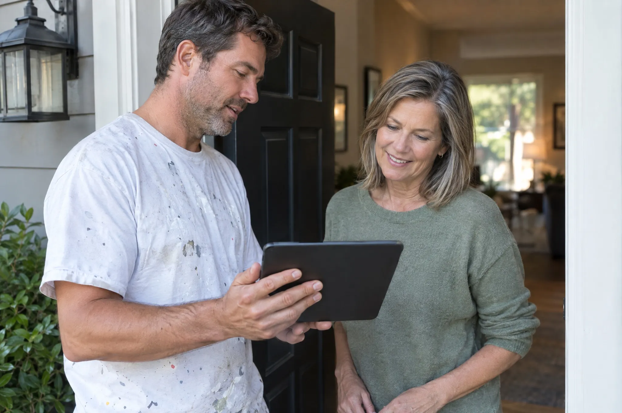 A painter in a paint-flecked T-shirt shows a tablet to a customer at the front door of her home.
