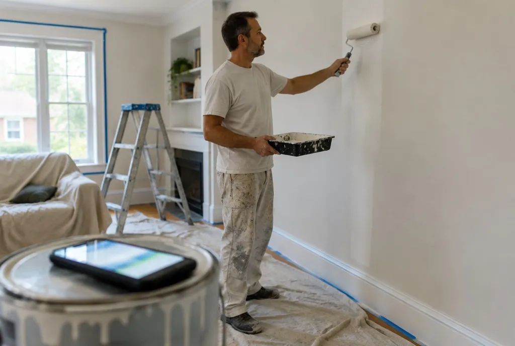 A house painter rolls white paint onto a wall with the tray in his other hand. In the foreground, on top of a paint can, his phone has its screen lit.