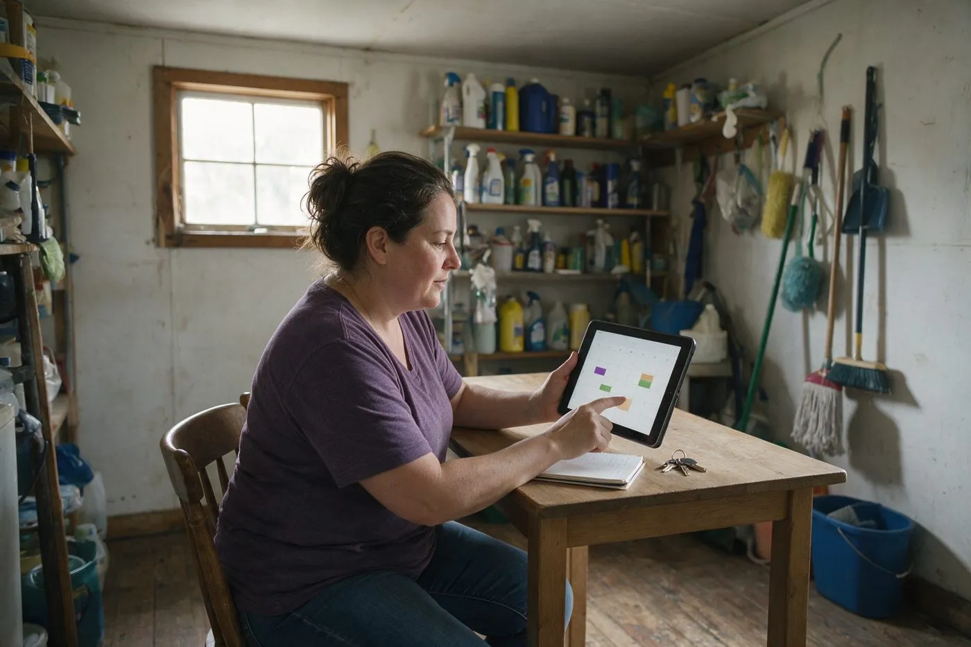 The owner of a cleaning business checks the week’s calendar on a tablet in her supply room