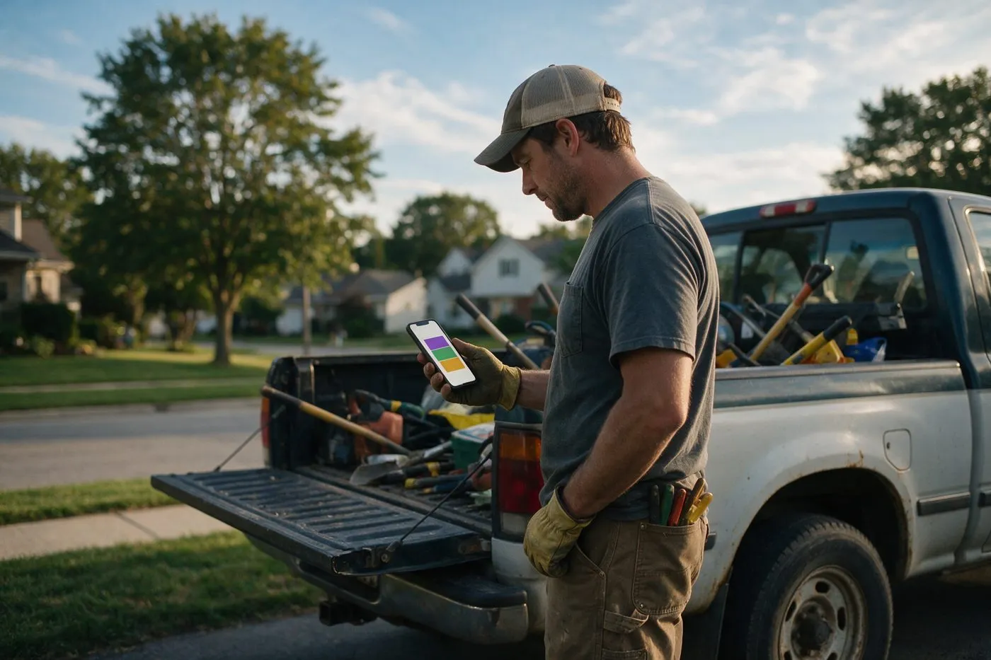 A landscaper checks his day on his phone beside his work truck