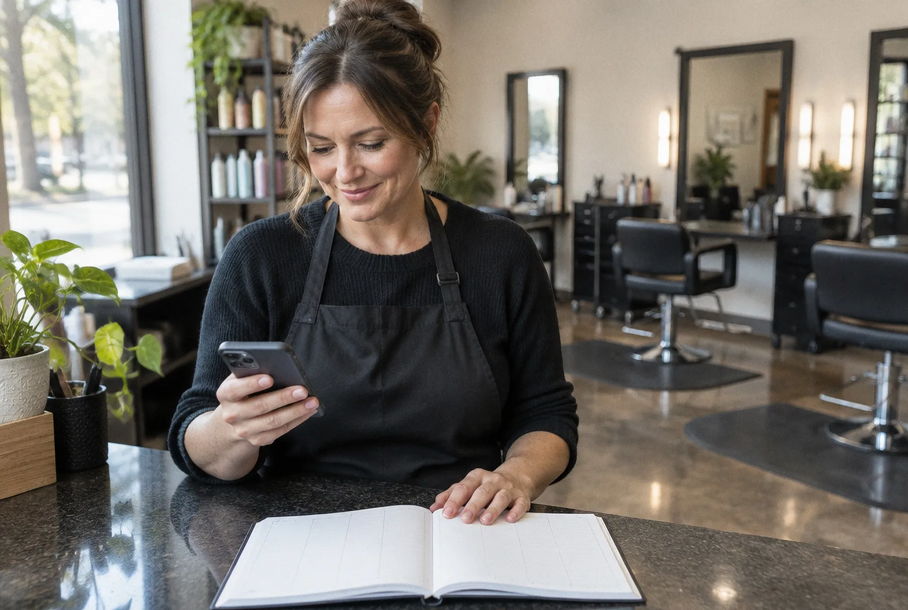 The owner of a hair salon looks at her phone, with a notebook open on the front counter.