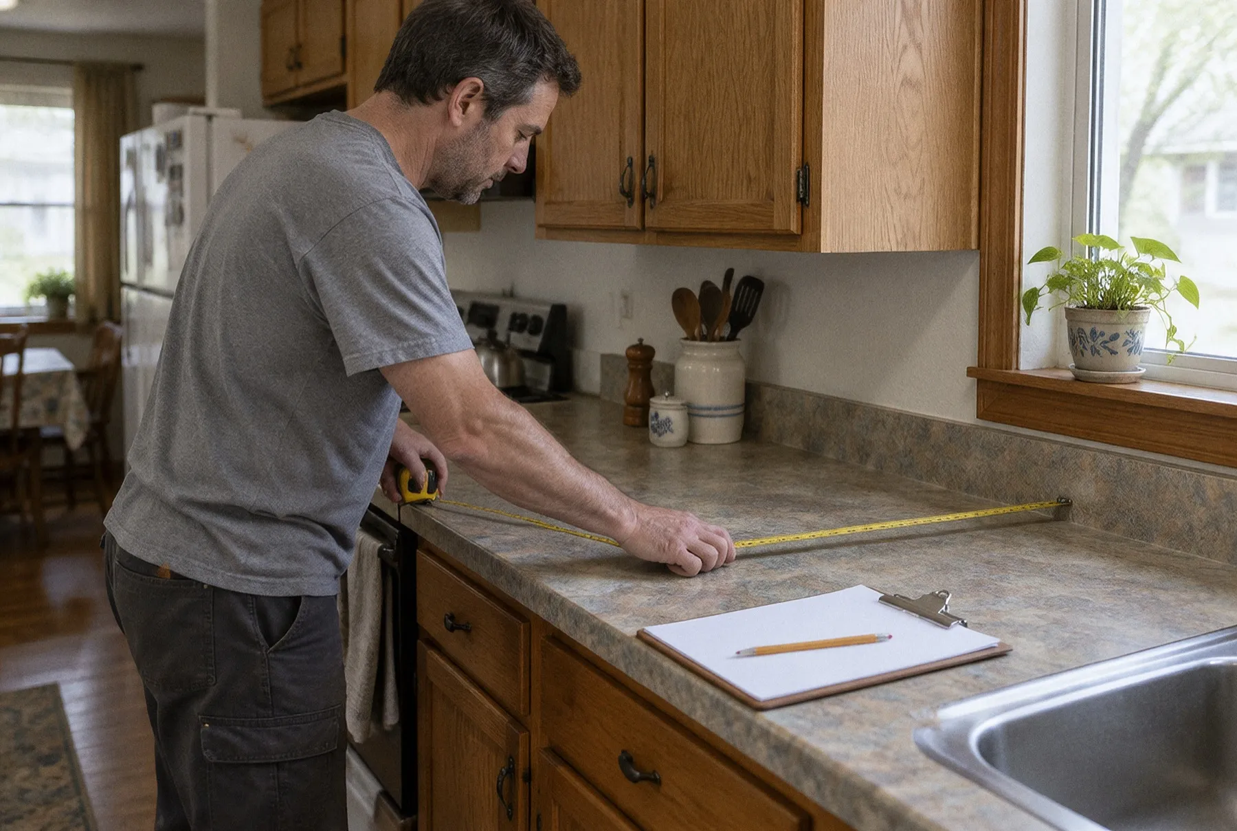 A contractor measures a kitchen countertop with a tape measure, his clipboard beside him.