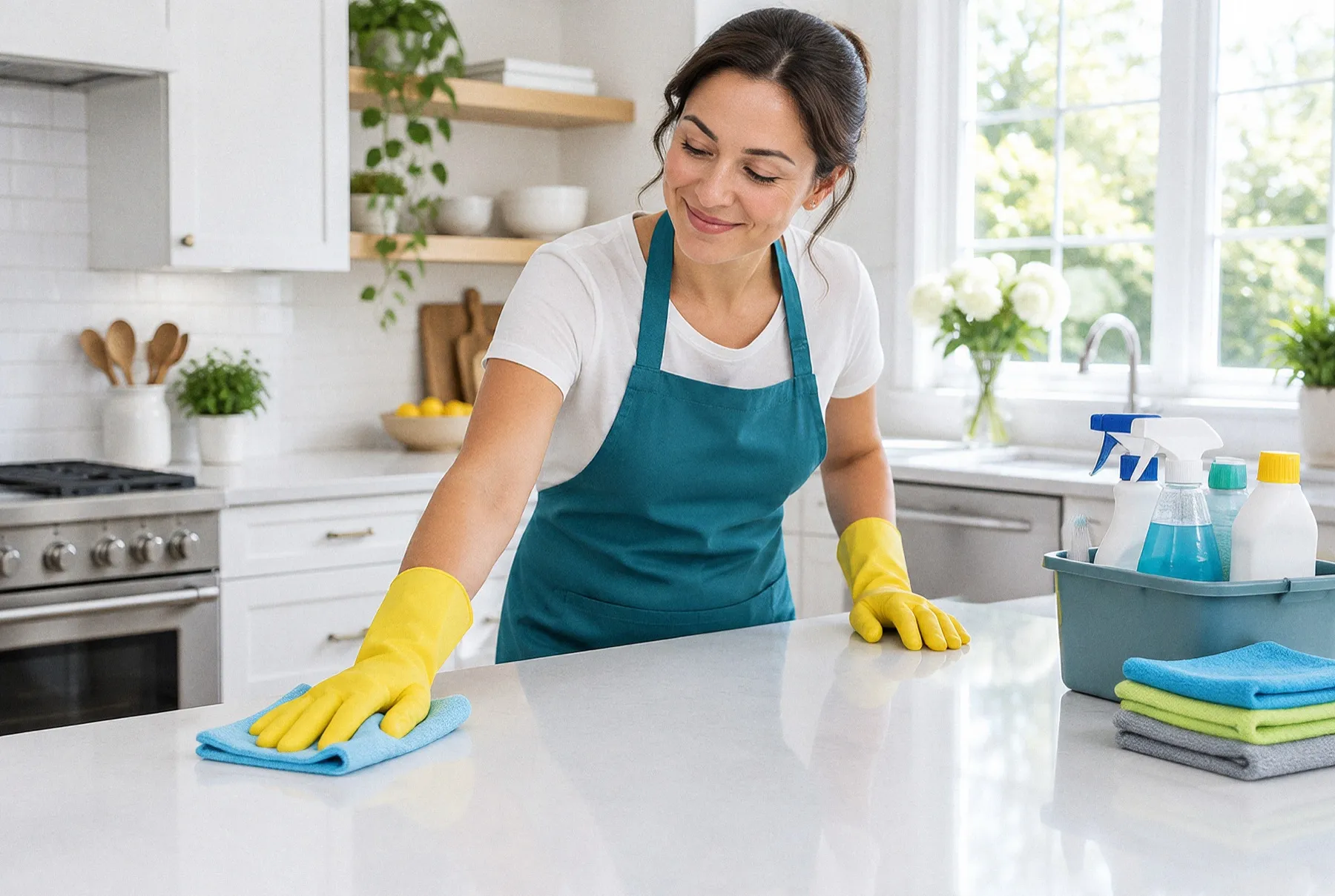 A house cleaner gives a last wipe to the counter of a spotless kitchen.