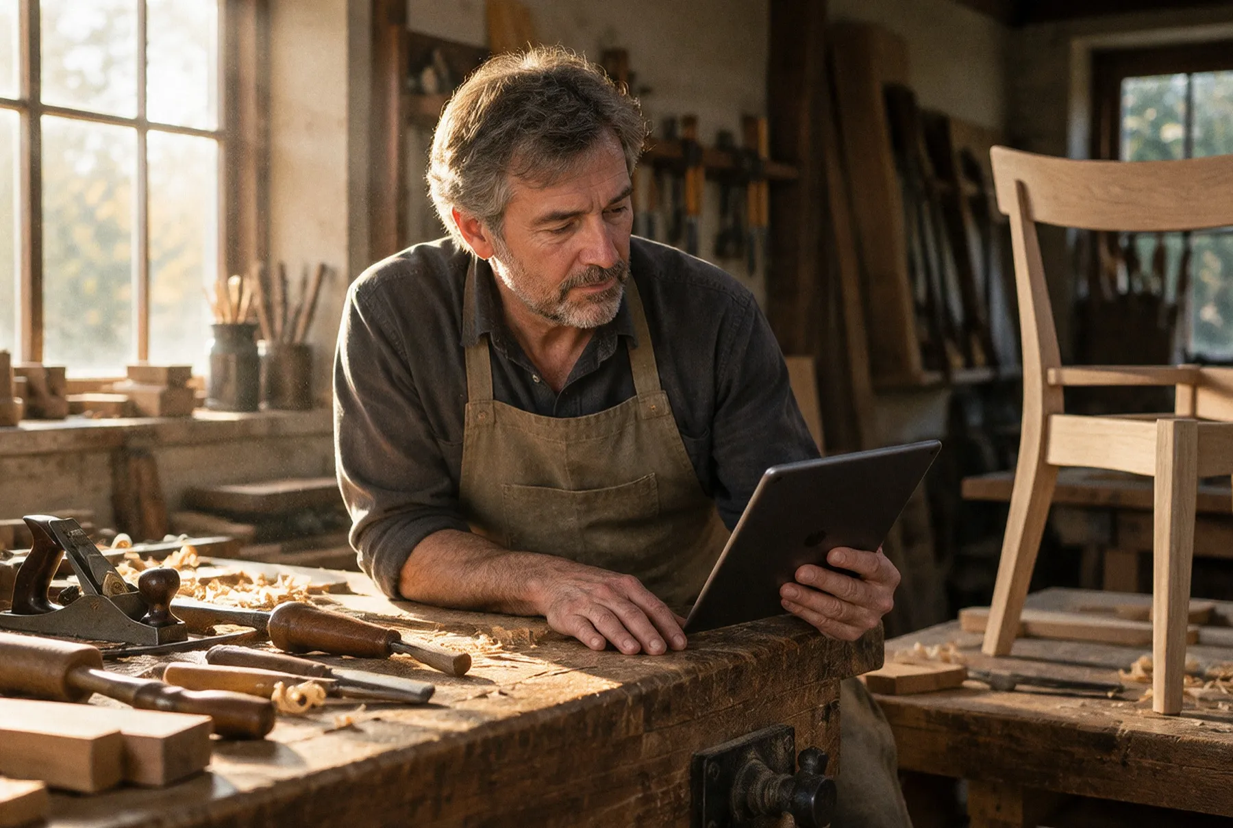 A carpenter looks at a tablet, leaning on his workbench at the end of the day.