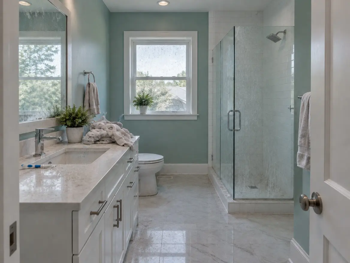 A bathroom before cleaning, with water spots on the mirror and the shower glass