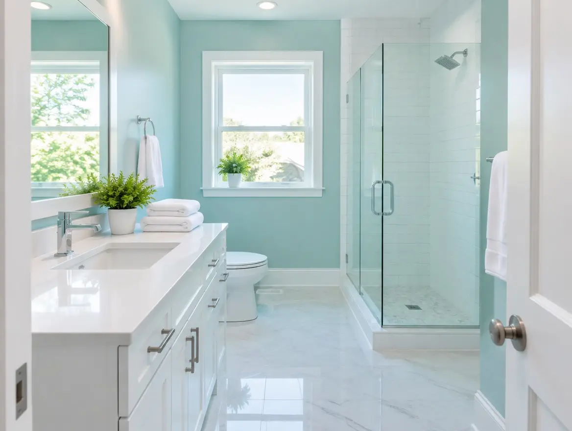 The same bathroom after cleaning, with the mirror, the glass and the floor shining