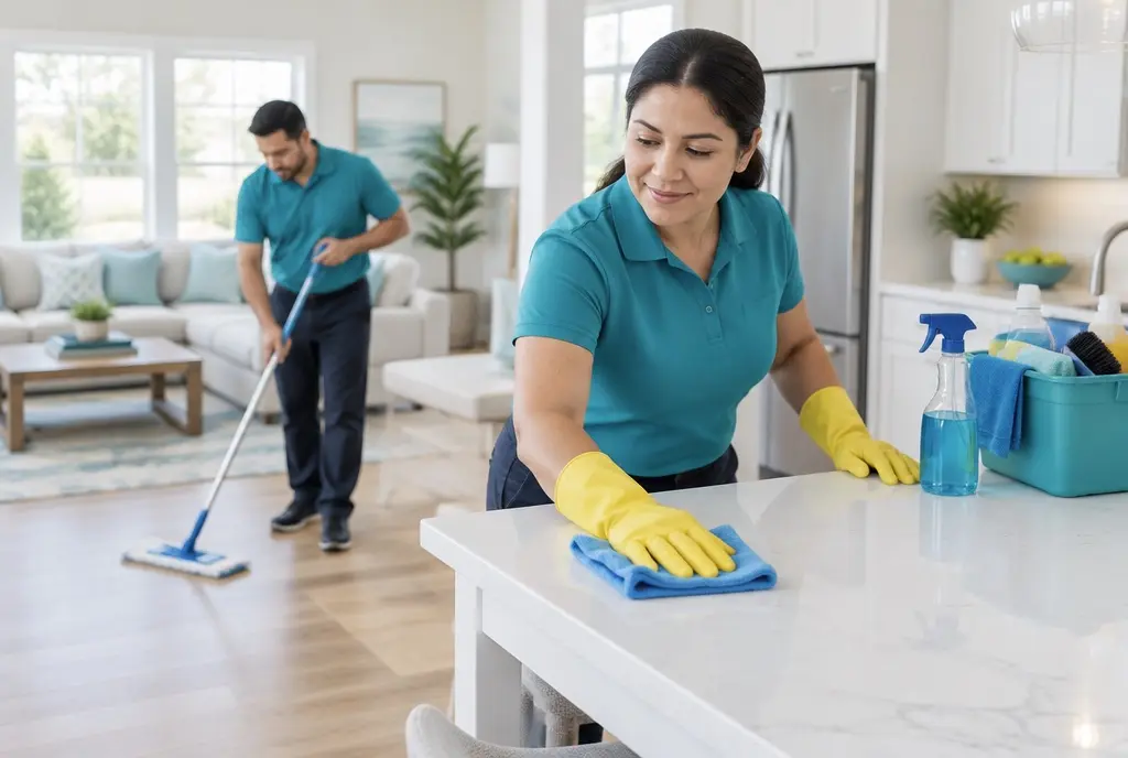 Two cleaners in teal shirts at work in a bright home: she wipes the kitchen island with yellow gloves on, he mops the floor