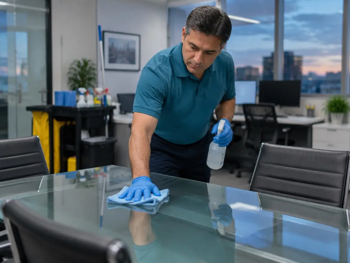 A cleaner wipes the glass table of a meeting room in an office at the end of the day
