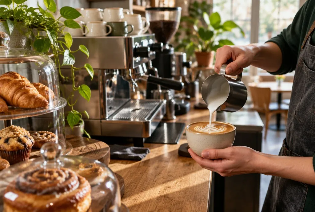 A barista pours a latte at the counter of a coffee shop