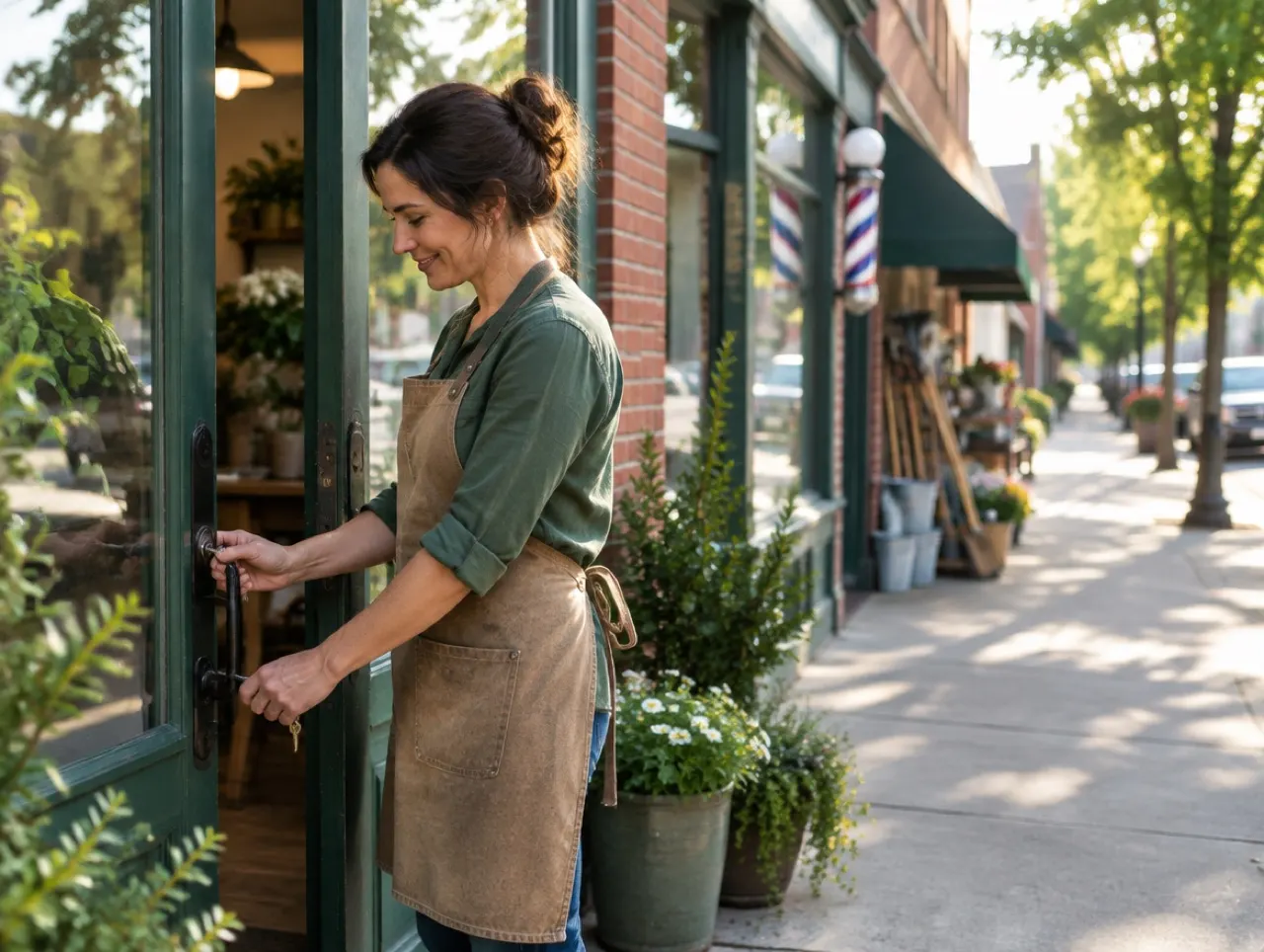 A local shop owner opens the glass door of her storefront on a main street in the morning sun