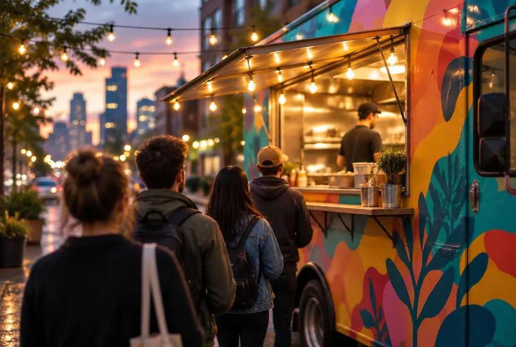 A food truck with its window open and people waiting in line