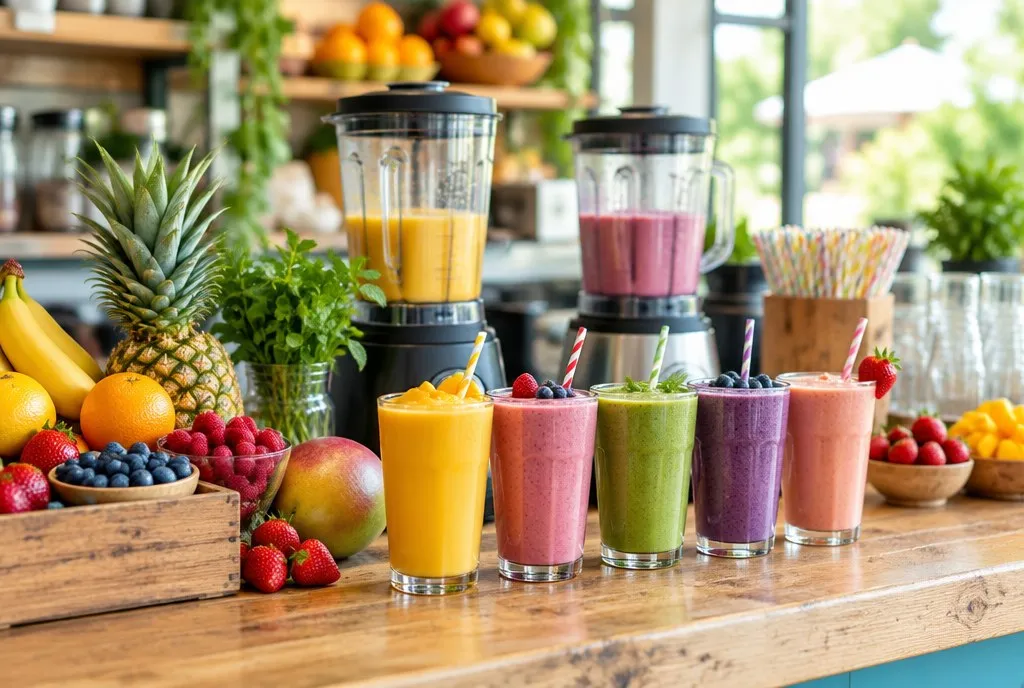 The counter of a juice and smoothie bar with fresh fruit