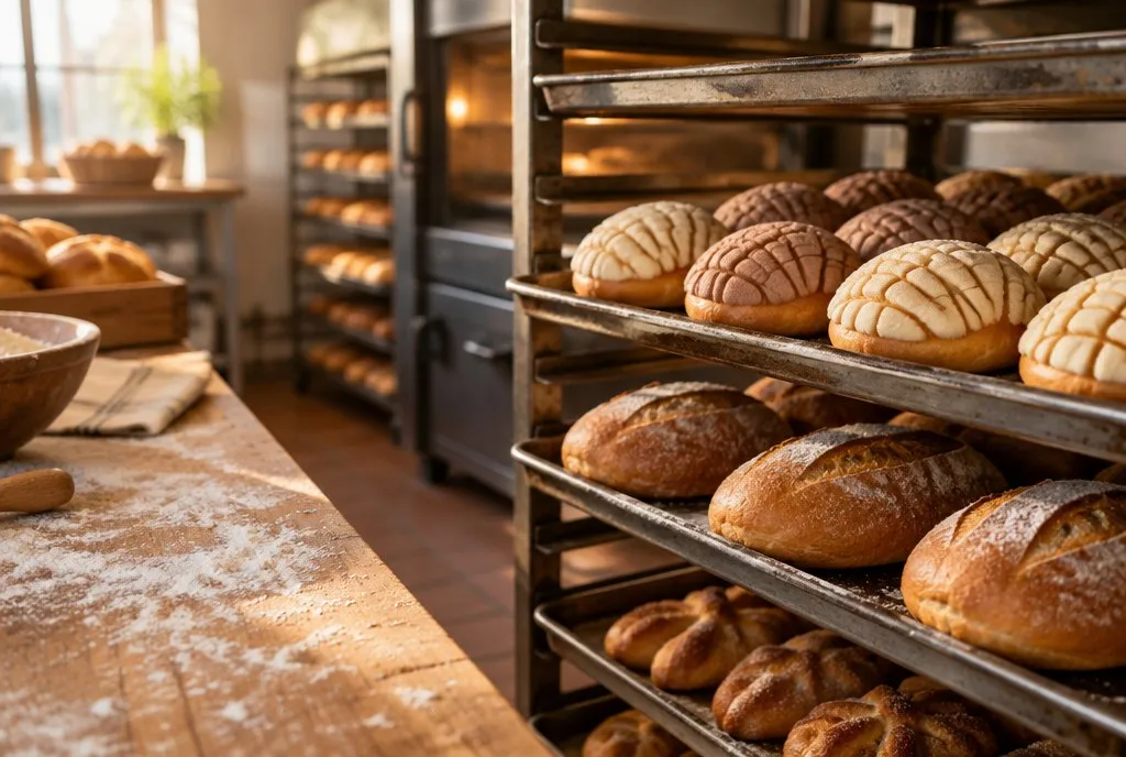 Trays of conchas and fresh bread in a bakery