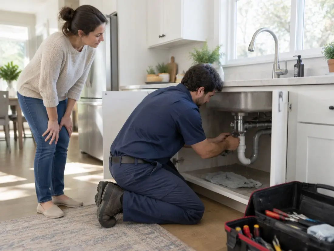 A plumber fixes a pipe under a kitchen sink in a home