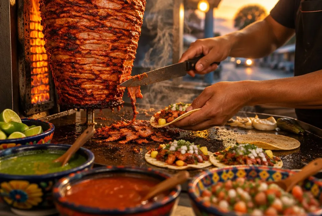 A cook slices al pastor meat and builds tacos on the griddle