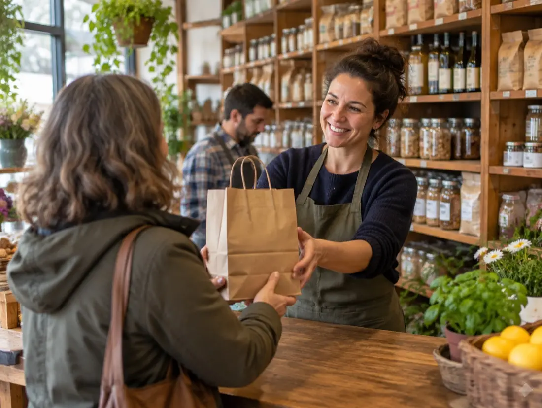 A neighborhood shop owner helps a customer at the counter