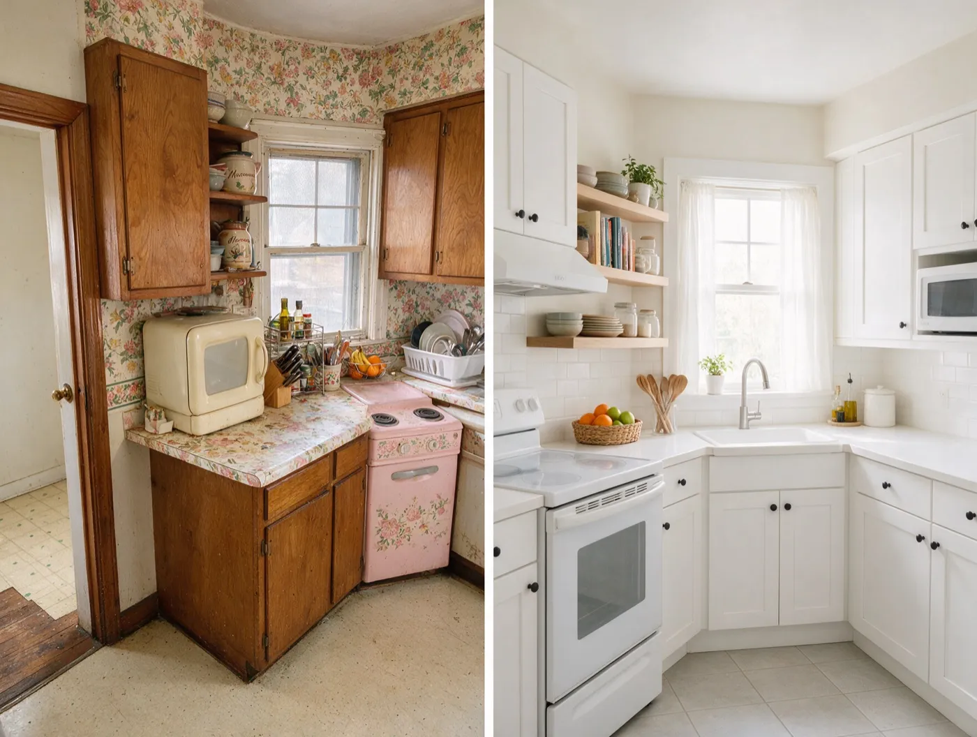 A kitchen before and after a remodel, side by side