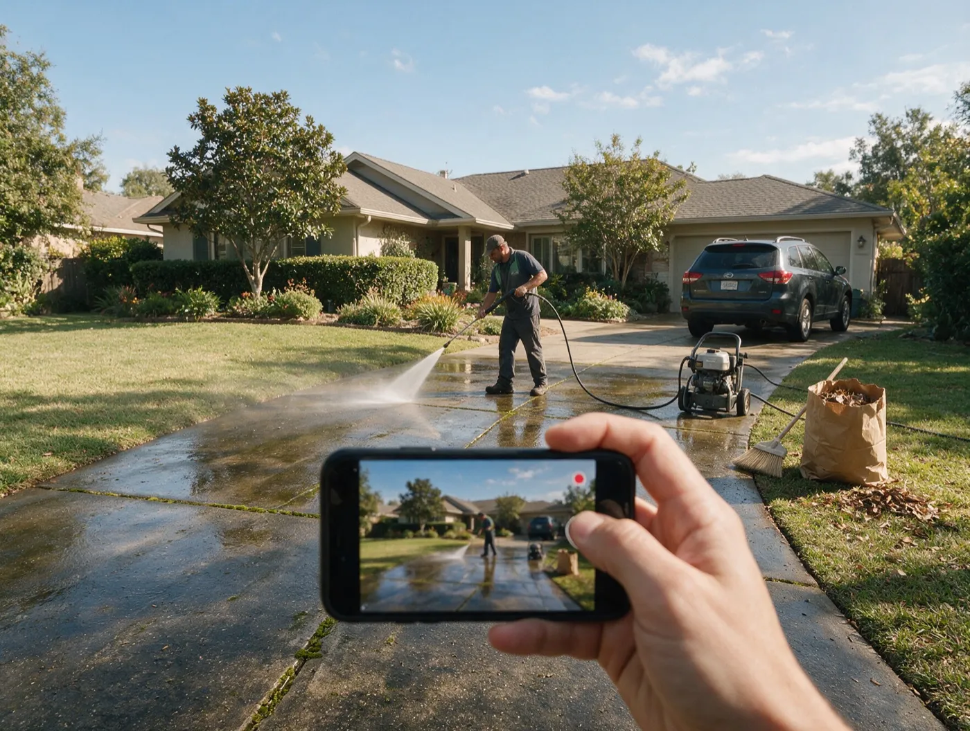 A hand holding a phone and filming a pressure washer cleaning a driveway