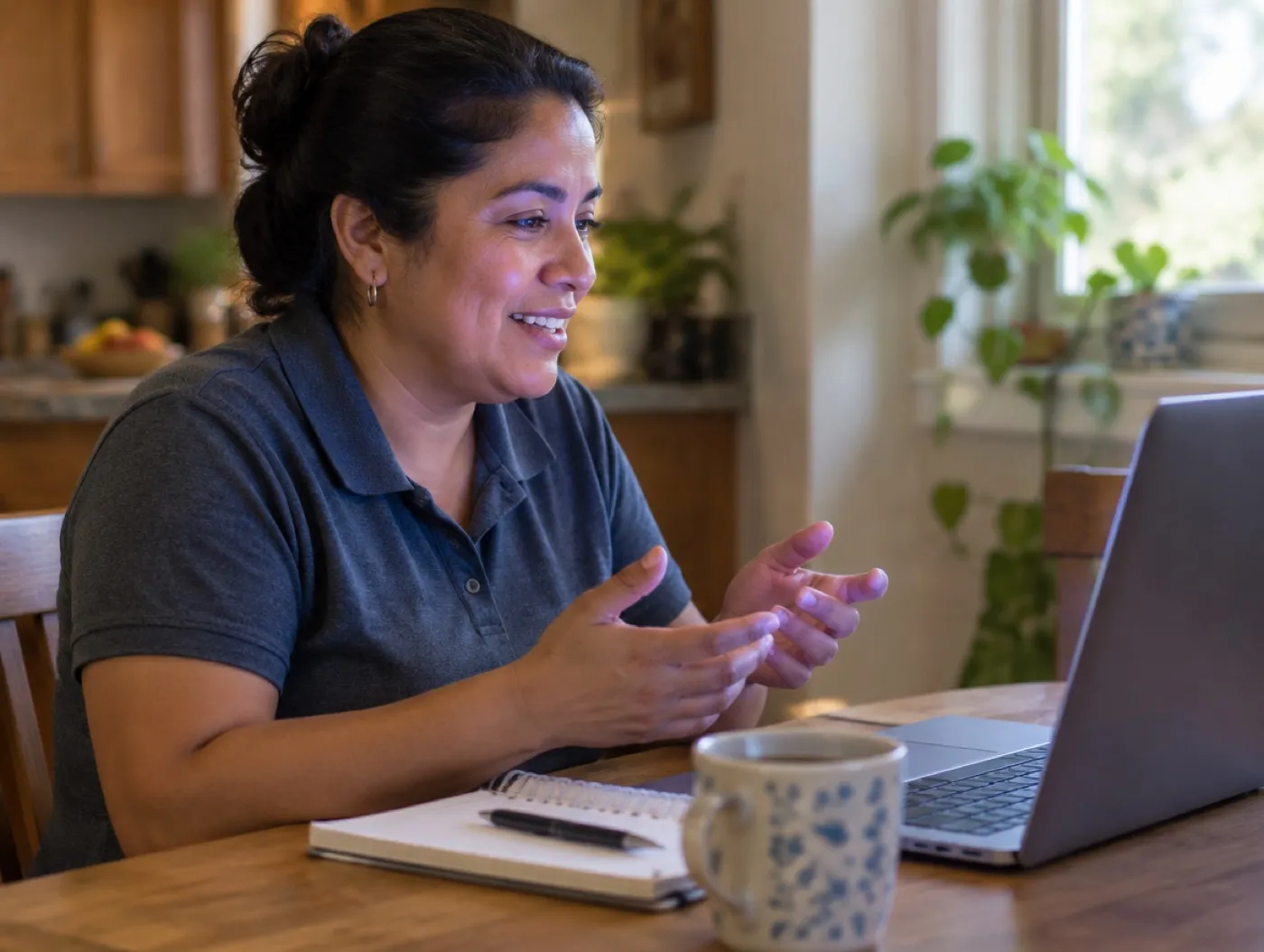 A business owner on a video call from her kitchen