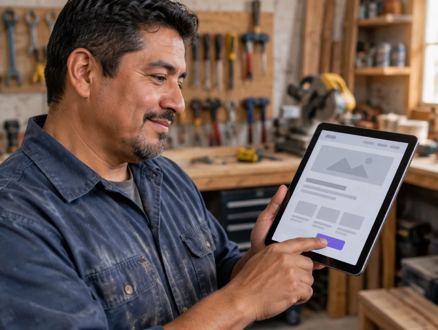 An owner pointing at a design on a tablet