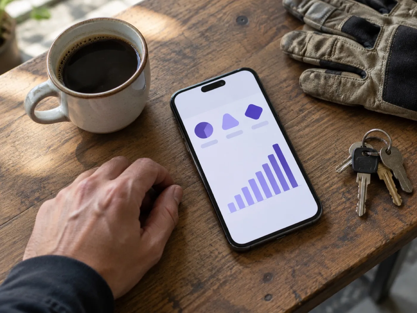 A monthly report on a phone, next to a coffee