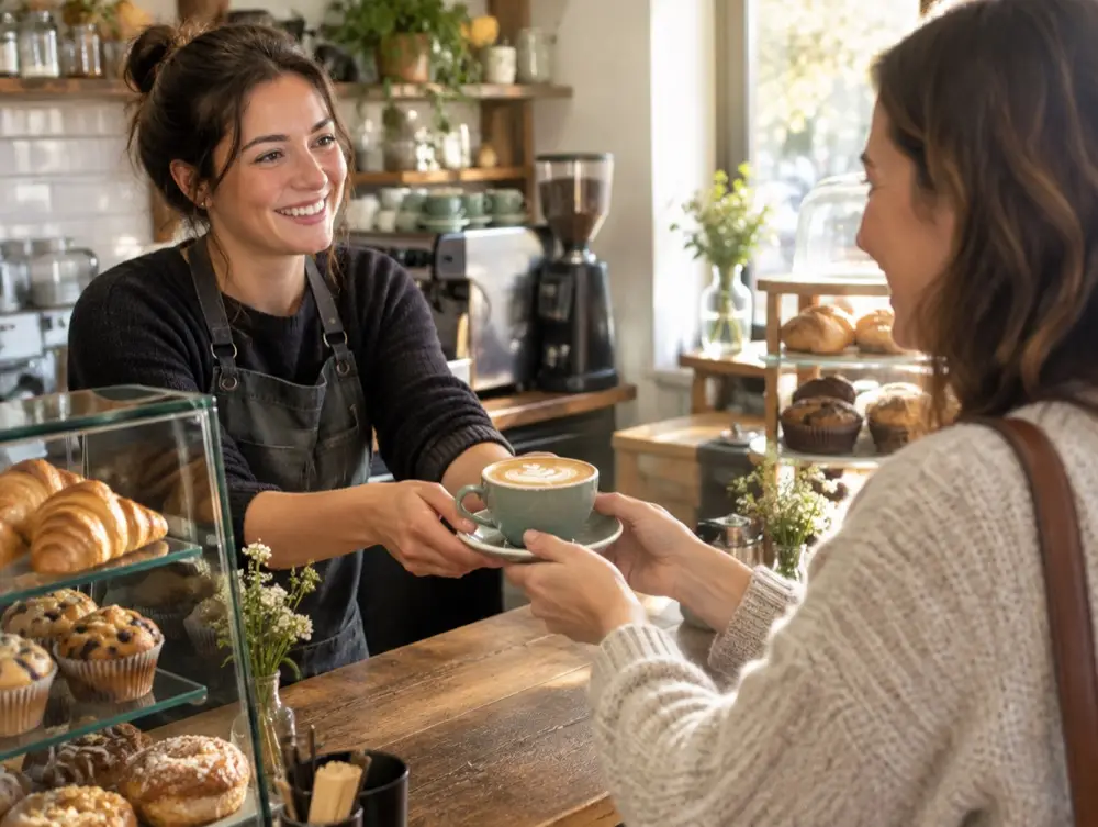 A barista hands a latte to a customer in a neighborhood café