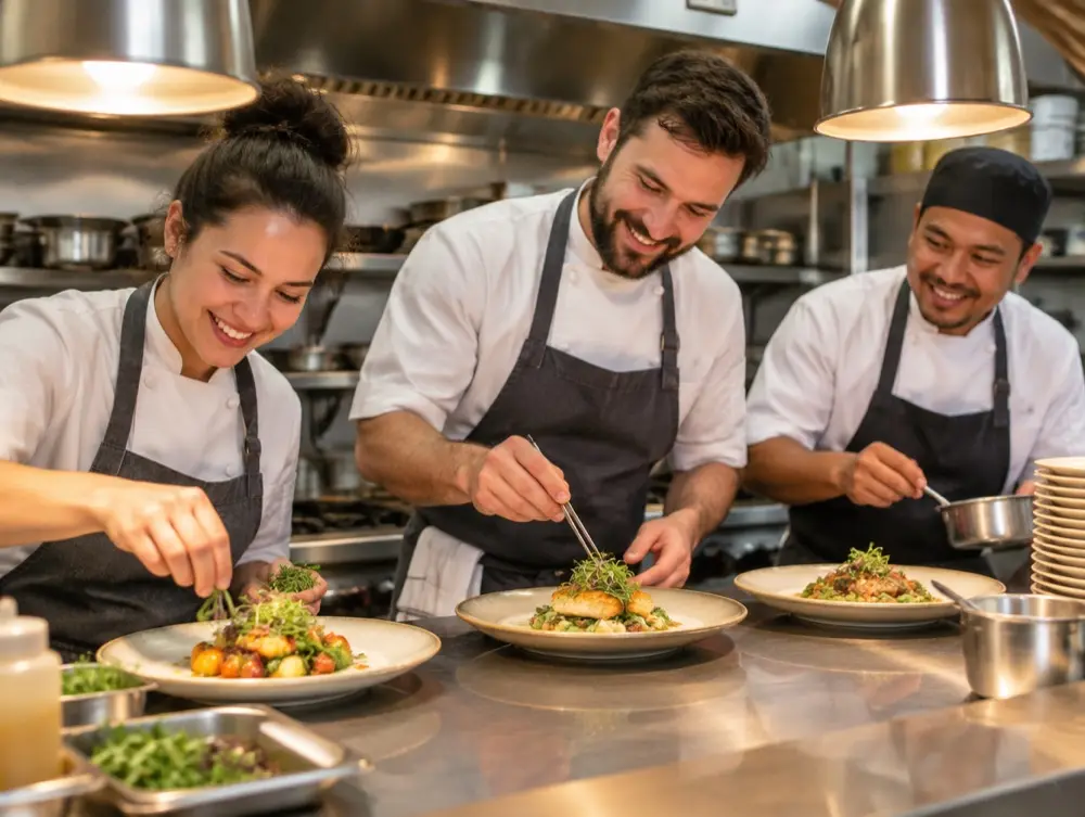 Three smiling cooks plating at a restaurant kitchen pass